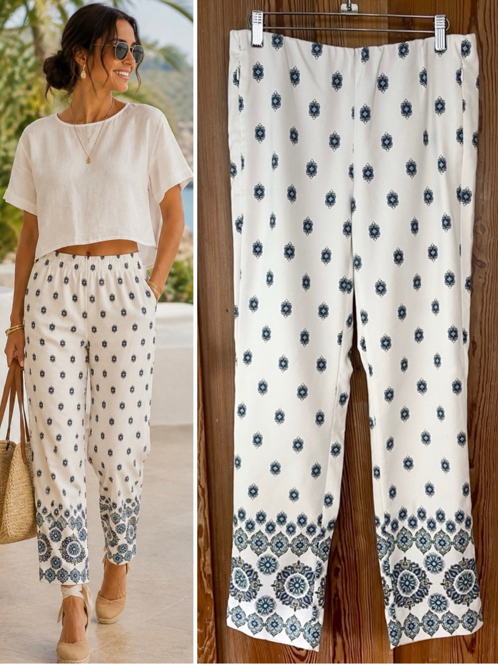 NWT J.Jill Floral Border Print Cotton Stretch Pull-On Pants with Pockets~8 💚🍄